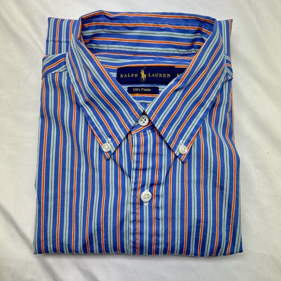 Polo Ralph Lauren Men's Medium Button Up Purple Orange Bar Stripe 120's Poplin - Picture 1 of 12